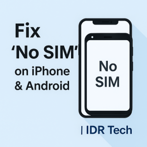 Illustration showing two smartphones, one iPhone and one Android, both displaying a “No SIM” error message on their screens, with the title “Fix ‘No SIM’ on iPhone & Android | iDR Tech” on a light blue background.