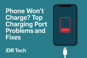 Main blog image showing a smartphone with a low battery symbol and charging cable, alongside the title “Phone Won’t Charge? Top Charging Port Problems and Fixes | iDR Tech.”
