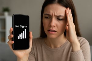 A woman holds her smartphone upright showing a “No Signal” screen, looking frustrated as she touches her temple in confusion.