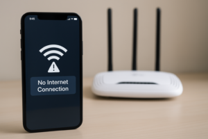 Smartphone on a desk displaying “No Internet Connection” beside a Wi-Fi router, symbolizing wireless connectivity issues.