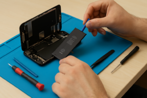 Technician removing a smartphone battery with precision tools on a blue repair mat, showcasing the internal components of the phone.