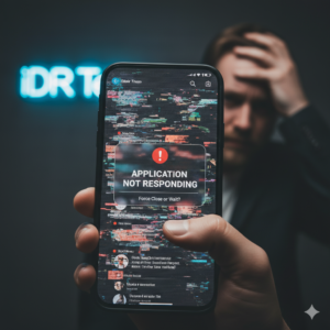 A person holding a smartphone with a heavily glitched and frozen screen, showing an 'Application Not Responding' pop-up, with a frustrated person and an 'iDR Tech' neon sign in the blurred background.